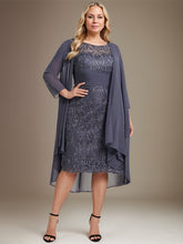 Sheath/Column Scoop Illusion Knee-Length Lace Chiffon Mother of the Bride Dress With Cascading Ruffles Sequins